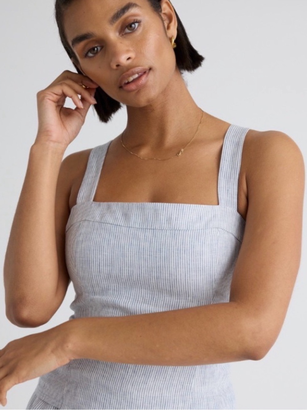 Quince Blue and White Striped 100% linen Square-Neck Tank
